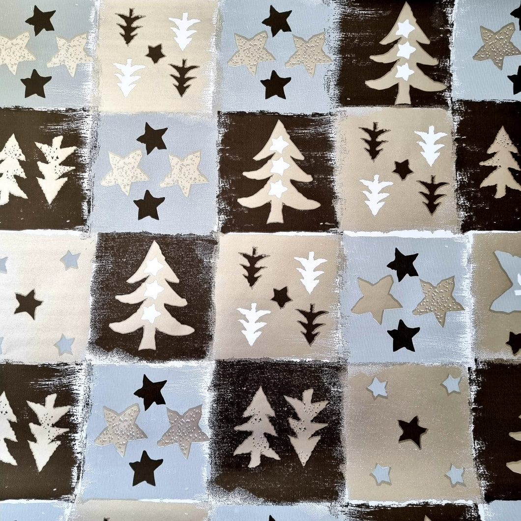 Christmas wrapping paper, silver and black squares with Christmas trees and stars. 500mm x 10 meters.